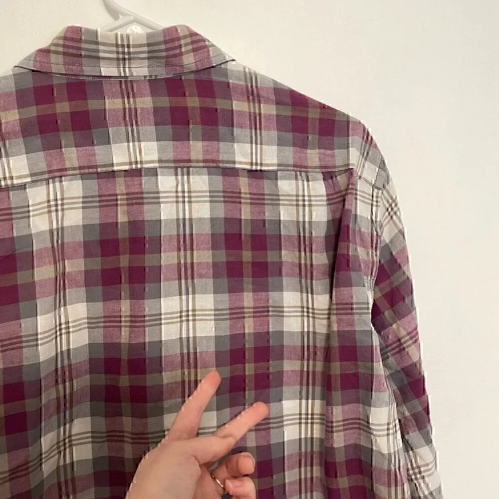 J. CREW Mens Madras Shirts Tailored Purple Gray Plaid Long Sleeve Button Down L